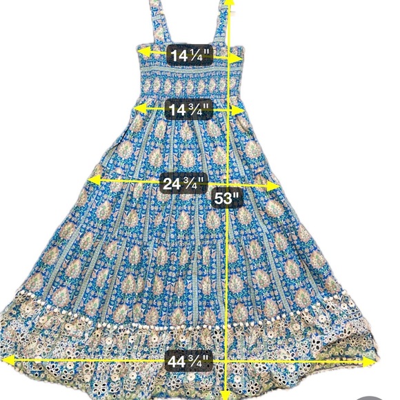 Zara Blue Floral Smocked Maxi Dress Tiered Boho Sundress Pom Poms Lace Medium - Picture 7 of 9